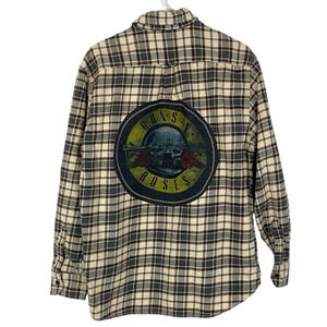 Guns N Roses Band Flannel Shirt Mens Large Unisex Plaid Button Down Shacket Grey